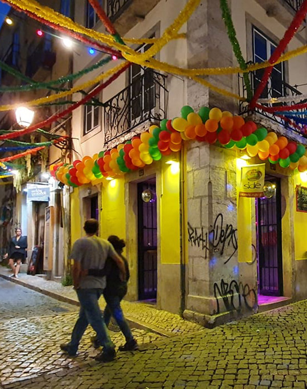 People walking by Side Bar, Bairro Alto, Lisbon, Portugal