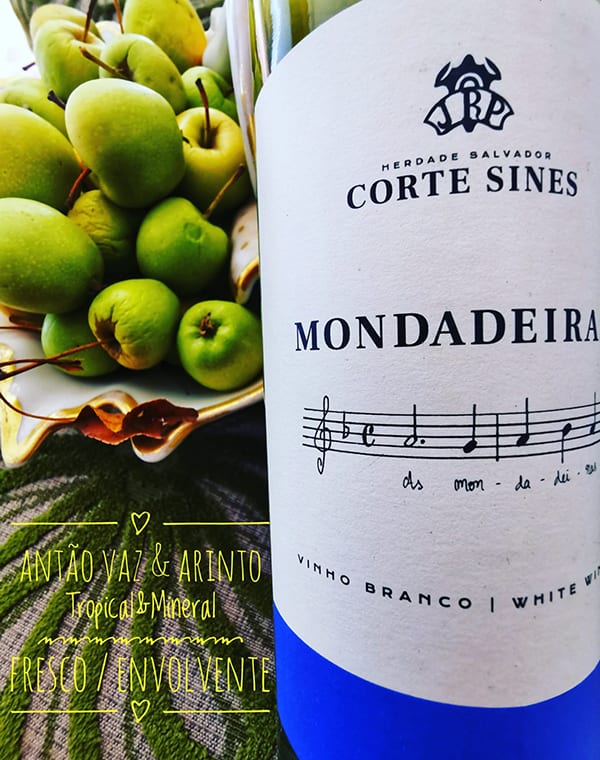 A bottle of white wine from Herdade Salvador called “Mondadeira” with a bowl of green apples in the background. 